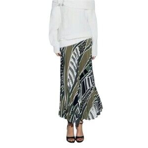 zara midi skirt pleated olive camo abstract womens size S